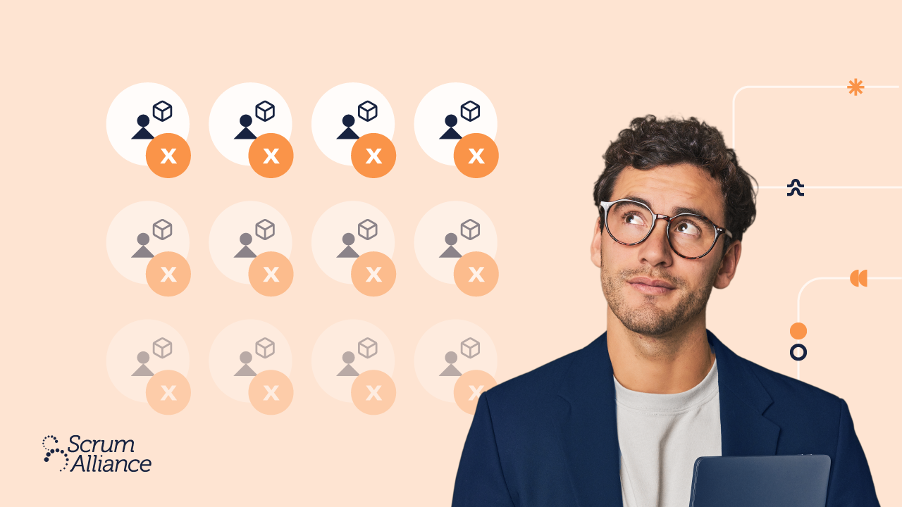 A Scrum Alliance graphic showing a man looking upward in consideration and the concept of sorting through product owner candidates